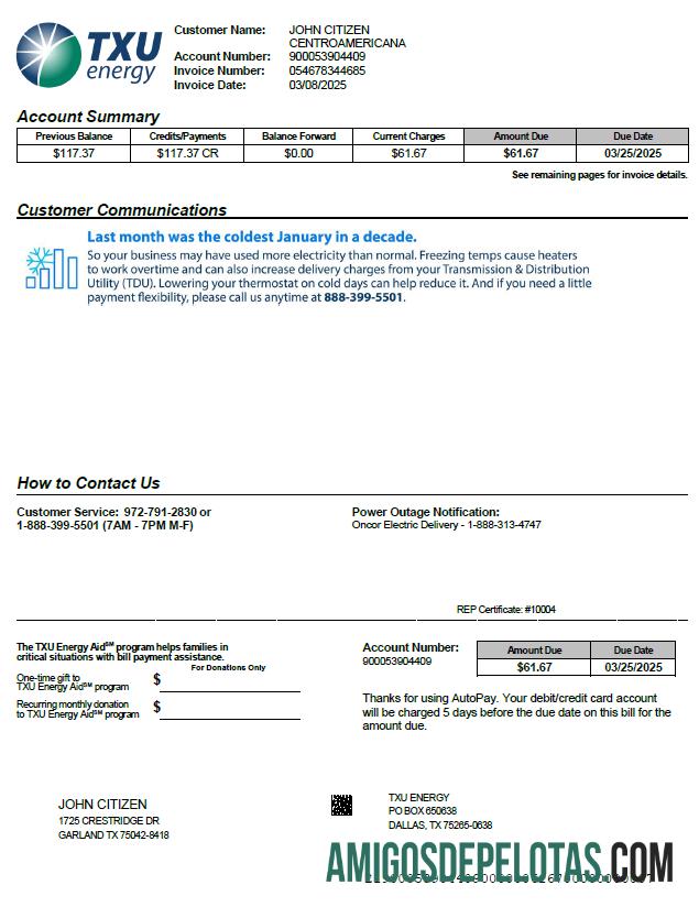 imprimível Modelo de fatura de serviços públicos de energia TXU dos EUA em formatos Word e PDF, versão 4